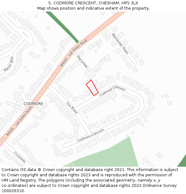 5, CODMORE CRESCENT, CHESHAM, HP5 3LX: Location map and indicative extent of plot