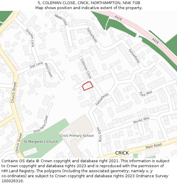 5, COLEMAN CLOSE, CRICK, NORTHAMPTON, NN6 7GB: Location map and indicative extent of plot