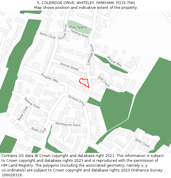 5, COLERIDGE DRIVE, WHITELEY, FAREHAM, PO15 7NN: Location map and indicative extent of plot