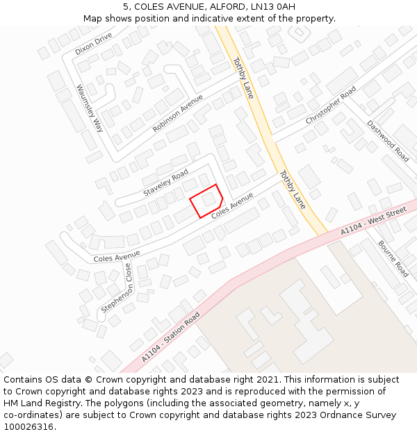 5, COLES AVENUE, ALFORD, LN13 0AH: Location map and indicative extent of plot