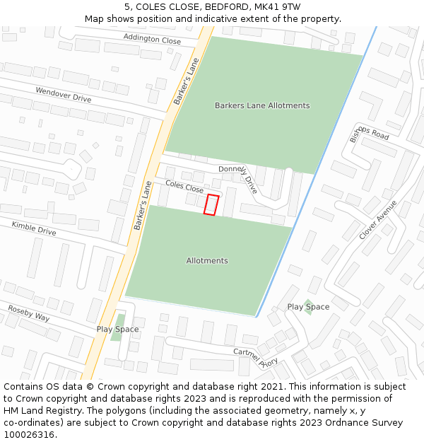 5, COLES CLOSE, BEDFORD, MK41 9TW: Location map and indicative extent of plot