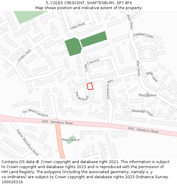 5, COLES CRESCENT, SHAFTESBURY, SP7 8FX: Location map and indicative extent of plot