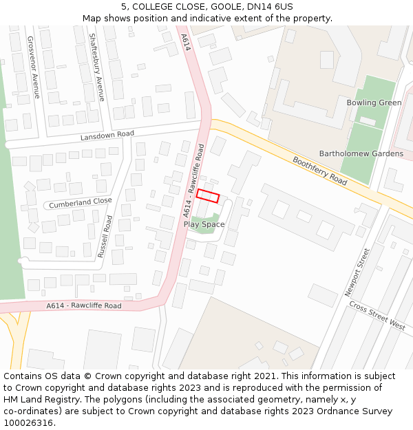 5, COLLEGE CLOSE, GOOLE, DN14 6US: Location map and indicative extent of plot