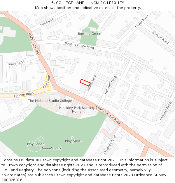 5, COLLEGE LANE, HINCKLEY, LE10 1EY: Location map and indicative extent of plot