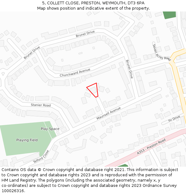 5, COLLETT CLOSE, PRESTON, WEYMOUTH, DT3 6PA: Location map and indicative extent of plot