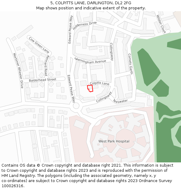 5, COLPITTS LANE, DARLINGTON, DL2 2FG: Location map and indicative extent of plot