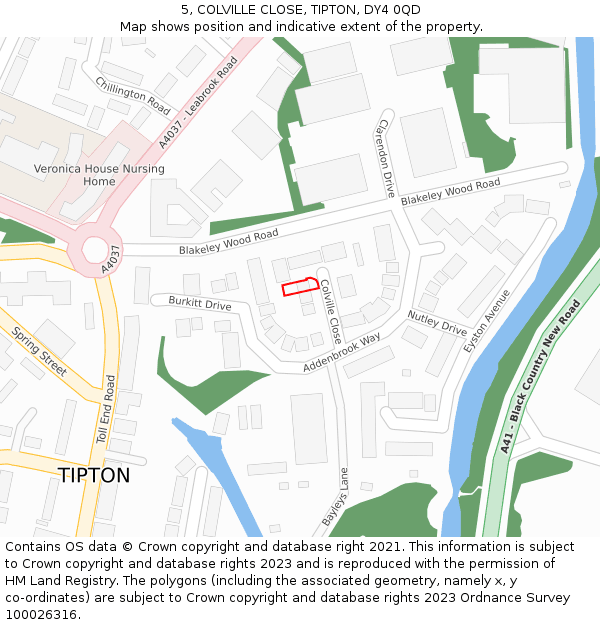 5, COLVILLE CLOSE, TIPTON, DY4 0QD: Location map and indicative extent of plot