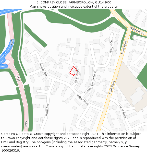 5, COMFREY CLOSE, FARNBOROUGH, GU14 9XX: Location map and indicative extent of plot