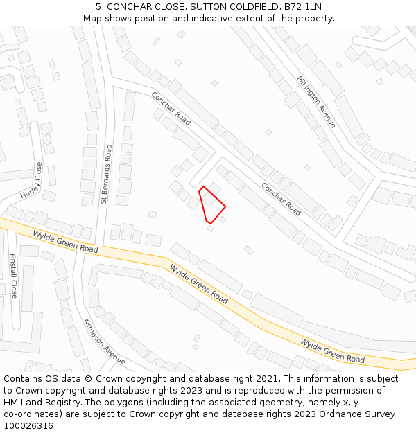 5, CONCHAR CLOSE, SUTTON COLDFIELD, B72 1LN: Location map and indicative extent of plot