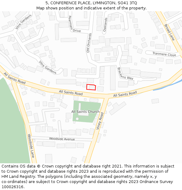 5, CONFERENCE PLACE, LYMINGTON, SO41 3TQ: Location map and indicative extent of plot