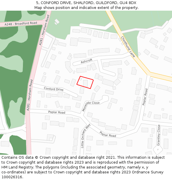 5, CONFORD DRIVE, SHALFORD, GUILDFORD, GU4 8DX: Location map and indicative extent of plot