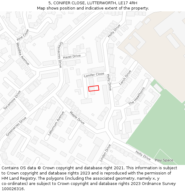 5, CONIFER CLOSE, LUTTERWORTH, LE17 4RH: Location map and indicative extent of plot