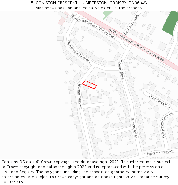 5, CONISTON CRESCENT, HUMBERSTON, GRIMSBY, DN36 4AY: Location map and indicative extent of plot