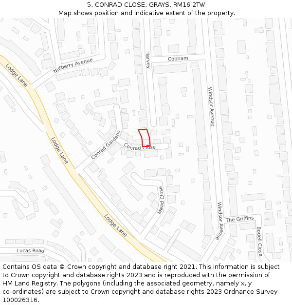 5, CONRAD CLOSE, GRAYS, RM16 2TW: Location map and indicative extent of plot