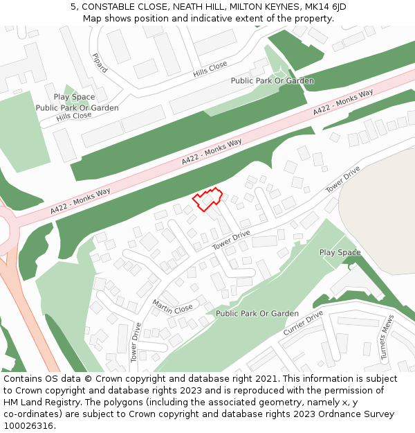 5, CONSTABLE CLOSE, NEATH HILL, MILTON KEYNES, MK14 6JD: Location map and indicative extent of plot