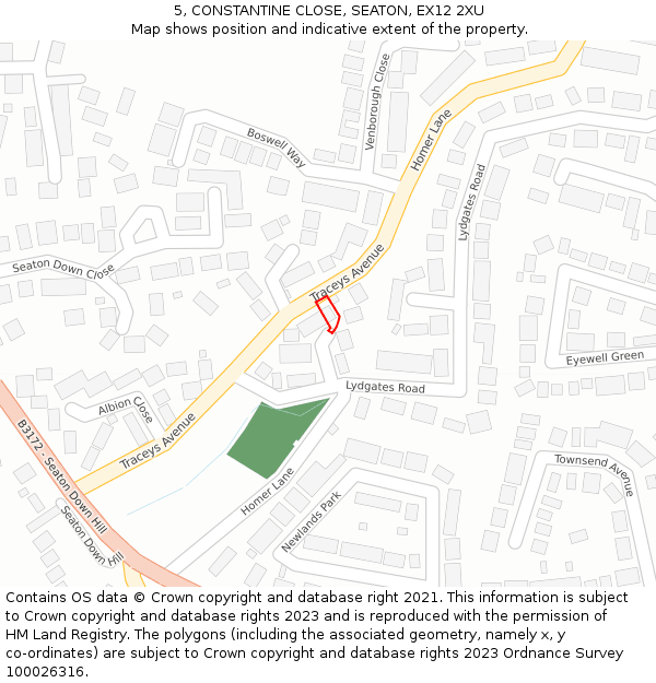 5, CONSTANTINE CLOSE, SEATON, EX12 2XU: Location map and indicative extent of plot