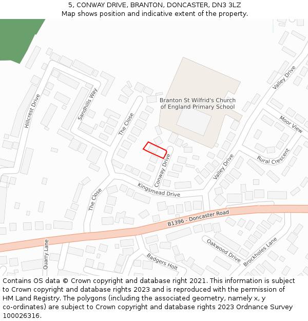 5, CONWAY DRIVE, BRANTON, DONCASTER, DN3 3LZ: Location map and indicative extent of plot