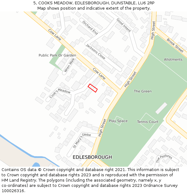 5, COOKS MEADOW, EDLESBOROUGH, DUNSTABLE, LU6 2RP: Location map and indicative extent of plot