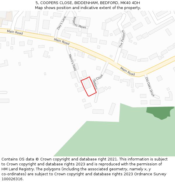 5, COOPERS CLOSE, BIDDENHAM, BEDFORD, MK40 4DH: Location map and indicative extent of plot