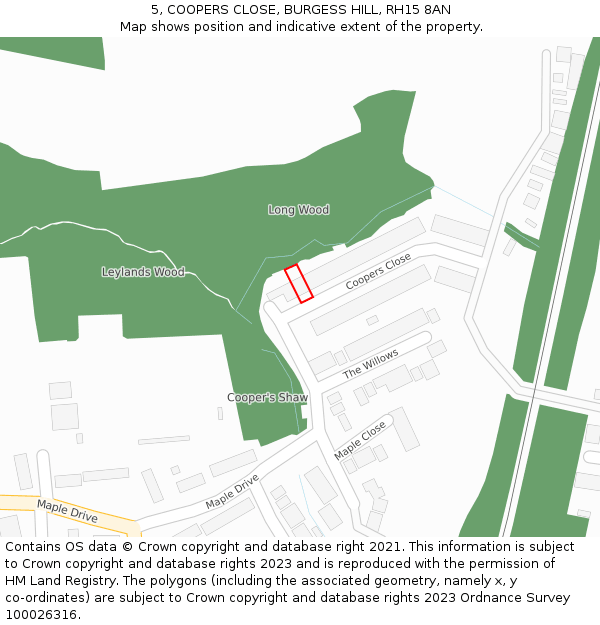 5, COOPERS CLOSE, BURGESS HILL, RH15 8AN: Location map and indicative extent of plot