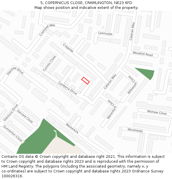 5, COPERNICUS CLOSE, CRAMLINGTON, NE23 6FD: Location map and indicative extent of plot