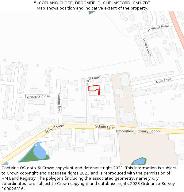 5, COPLAND CLOSE, BROOMFIELD, CHELMSFORD, CM1 7DT: Location map and indicative extent of plot