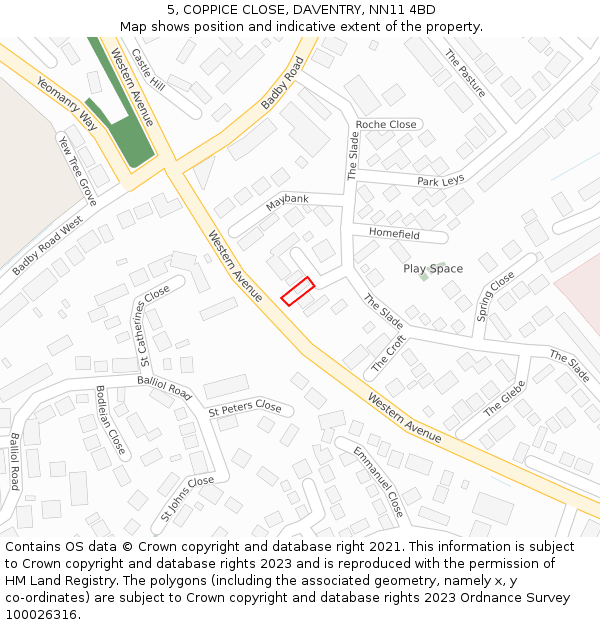 5, COPPICE CLOSE, DAVENTRY, NN11 4BD: Location map and indicative extent of plot