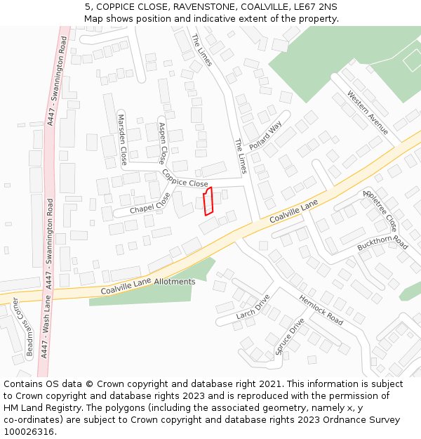 5, COPPICE CLOSE, RAVENSTONE, COALVILLE, LE67 2NS: Location map and indicative extent of plot