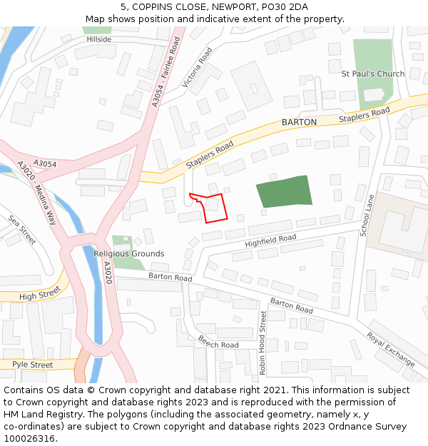 5, COPPINS CLOSE, NEWPORT, PO30 2DA: Location map and indicative extent of plot