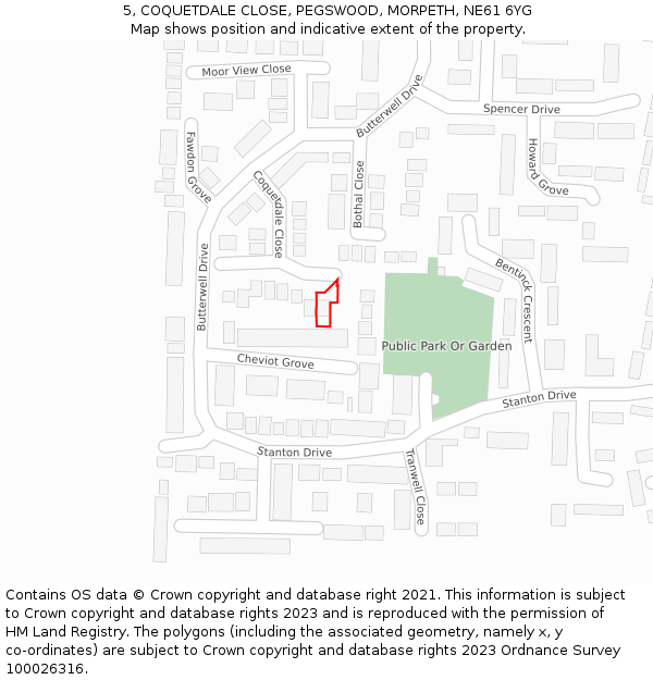 5, COQUETDALE CLOSE, PEGSWOOD, MORPETH, NE61 6YG: Location map and indicative extent of plot