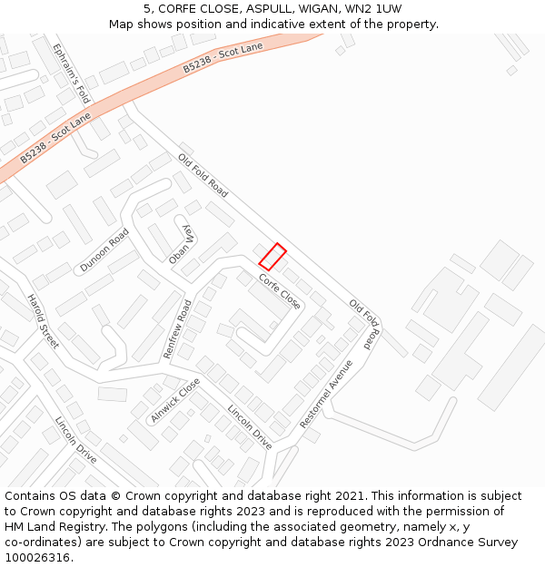 5, CORFE CLOSE, ASPULL, WIGAN, WN2 1UW: Location map and indicative extent of plot