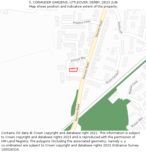 5, CORIANDER GARDENS, LITTLEOVER, DERBY, DE23 2UB: Location map and indicative extent of plot
