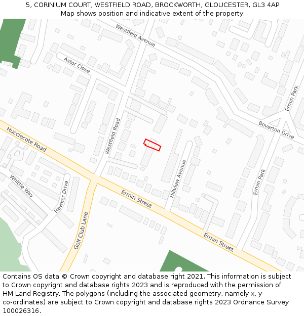 5, CORINIUM COURT, WESTFIELD ROAD, BROCKWORTH, GLOUCESTER, GL3 4AP: Location map and indicative extent of plot