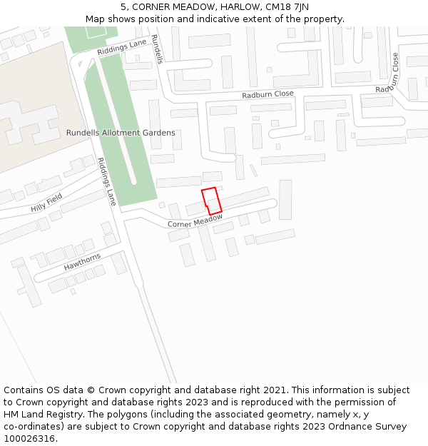 5, CORNER MEADOW, HARLOW, CM18 7JN: Location map and indicative extent of plot