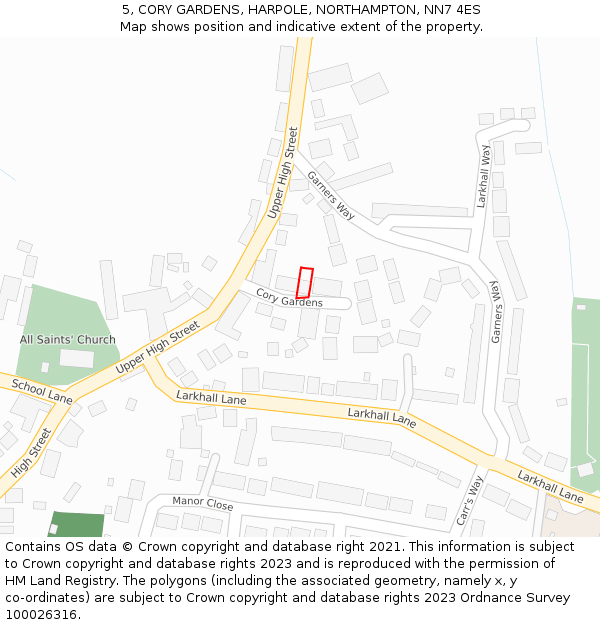 5, CORY GARDENS, HARPOLE, NORTHAMPTON, NN7 4ES: Location map and indicative extent of plot