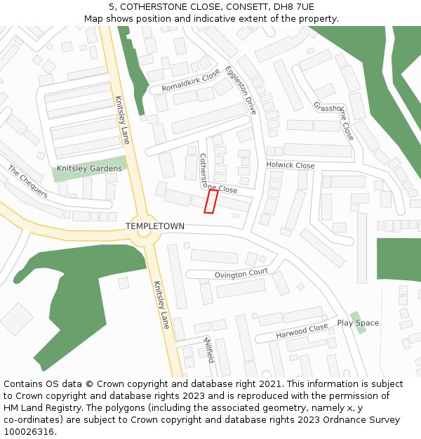 5, COTHERSTONE CLOSE, CONSETT, DH8 7UE: Location map and indicative extent of plot