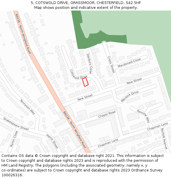 5, COTSWOLD DRIVE, GRASSMOOR, CHESTERFIELD, S42 5HF: Location map and indicative extent of plot