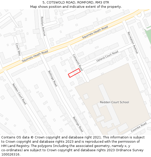 5, COTSWOLD ROAD, ROMFORD, RM3 0TR: Location map and indicative extent of plot