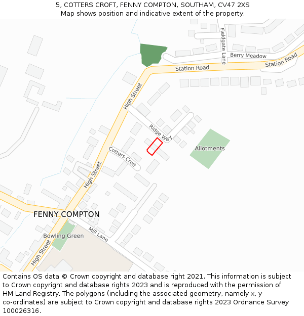 5, COTTERS CROFT, FENNY COMPTON, SOUTHAM, CV47 2XS: Location map and indicative extent of plot