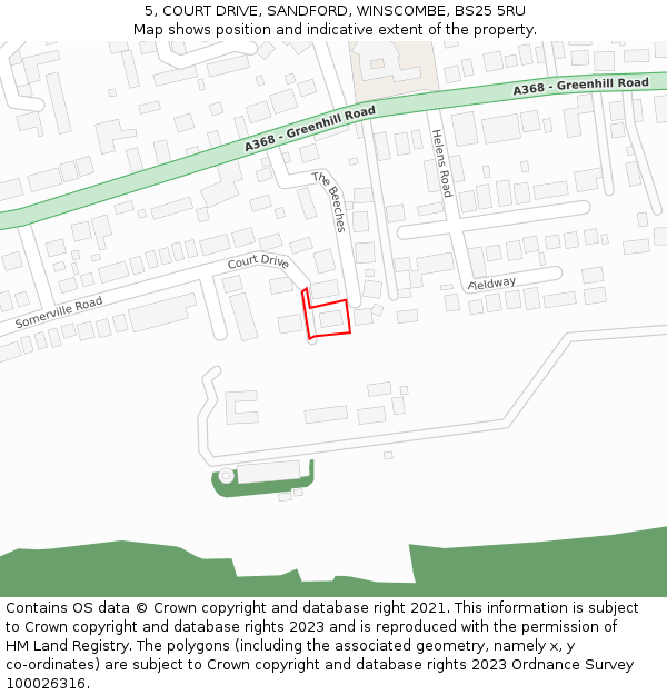 5, COURT DRIVE, SANDFORD, WINSCOMBE, BS25 5RU: Location map and indicative extent of plot