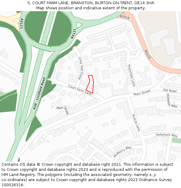 5, COURT FARM LANE, BRANSTON, BURTON-ON-TRENT, DE14 3HA: Location map and indicative extent of plot