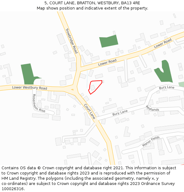 5, COURT LANE, BRATTON, WESTBURY, BA13 4RE: Location map and indicative extent of plot