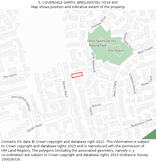 5, COVERDALE GARTH, BRIDLINGTON, YO16 6GY: Location map and indicative extent of plot