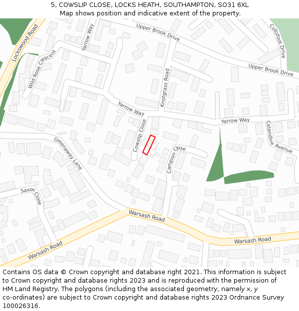 5, COWSLIP CLOSE, LOCKS HEATH, SOUTHAMPTON, SO31 6XL: Location map and indicative extent of plot