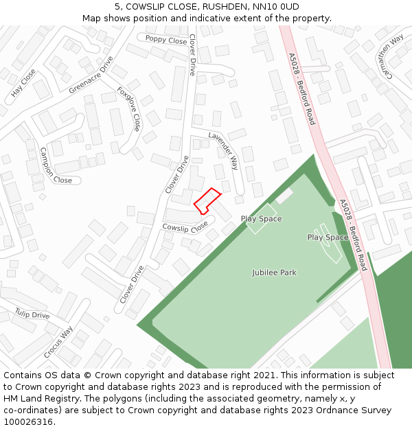 5, COWSLIP CLOSE, RUSHDEN, NN10 0UD: Location map and indicative extent of plot