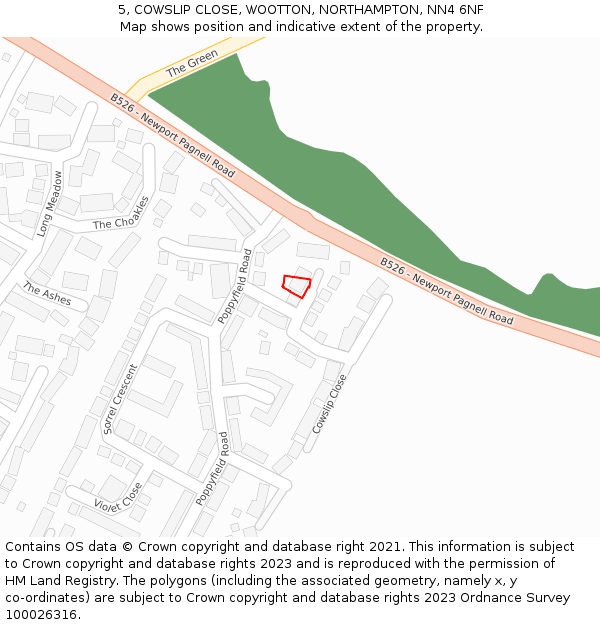 5, COWSLIP CLOSE, WOOTTON, NORTHAMPTON, NN4 6NF: Location map and indicative extent of plot