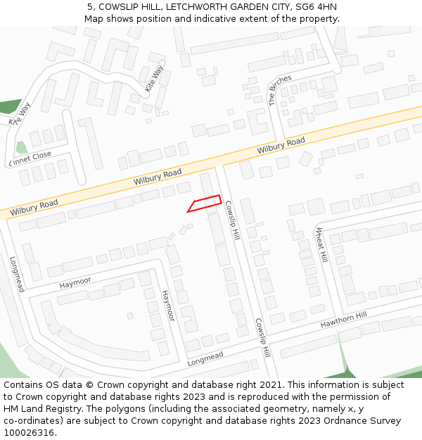 5, COWSLIP HILL, LETCHWORTH GARDEN CITY, SG6 4HN: Location map and indicative extent of plot