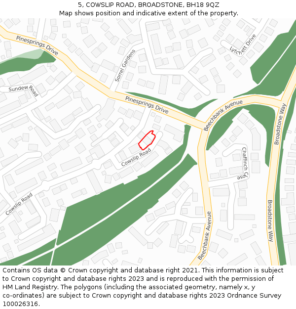 5, COWSLIP ROAD, BROADSTONE, BH18 9QZ: Location map and indicative extent of plot