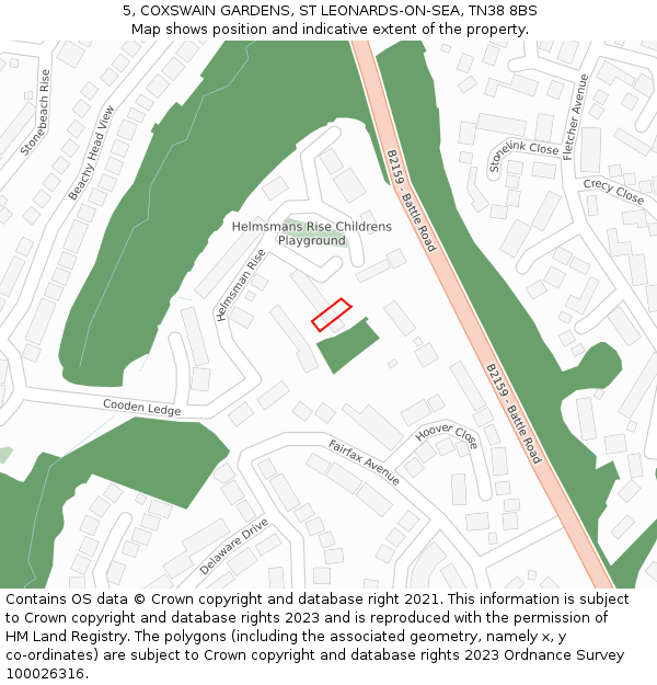 5, COXSWAIN GARDENS, ST LEONARDS-ON-SEA, TN38 8BS: Location map and indicative extent of plot