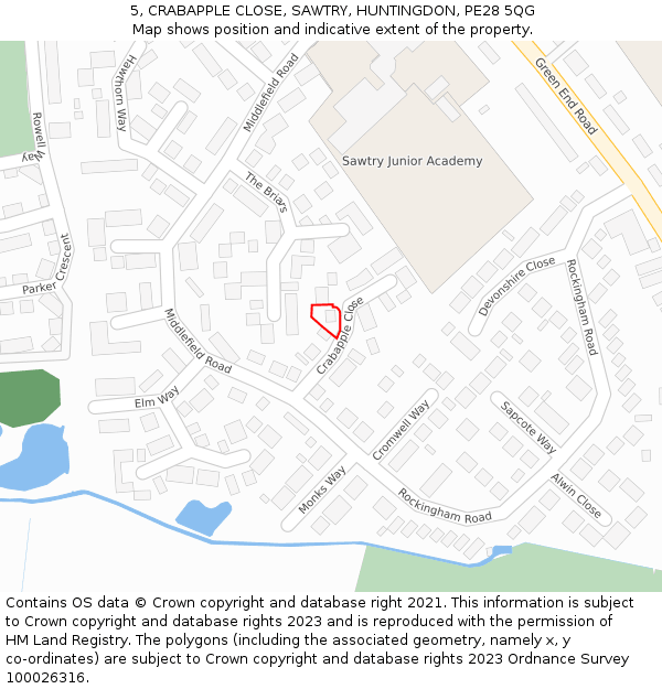 5, CRABAPPLE CLOSE, SAWTRY, HUNTINGDON, PE28 5QG: Location map and indicative extent of plot